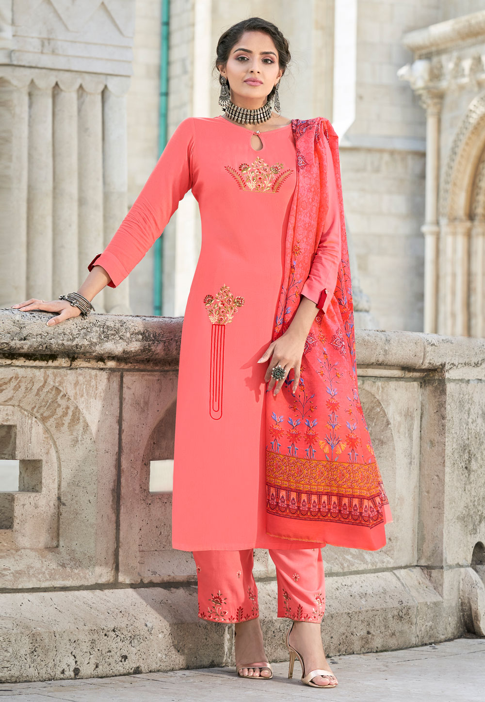 Pink Rayon Readymade Pant Style Suit 248298