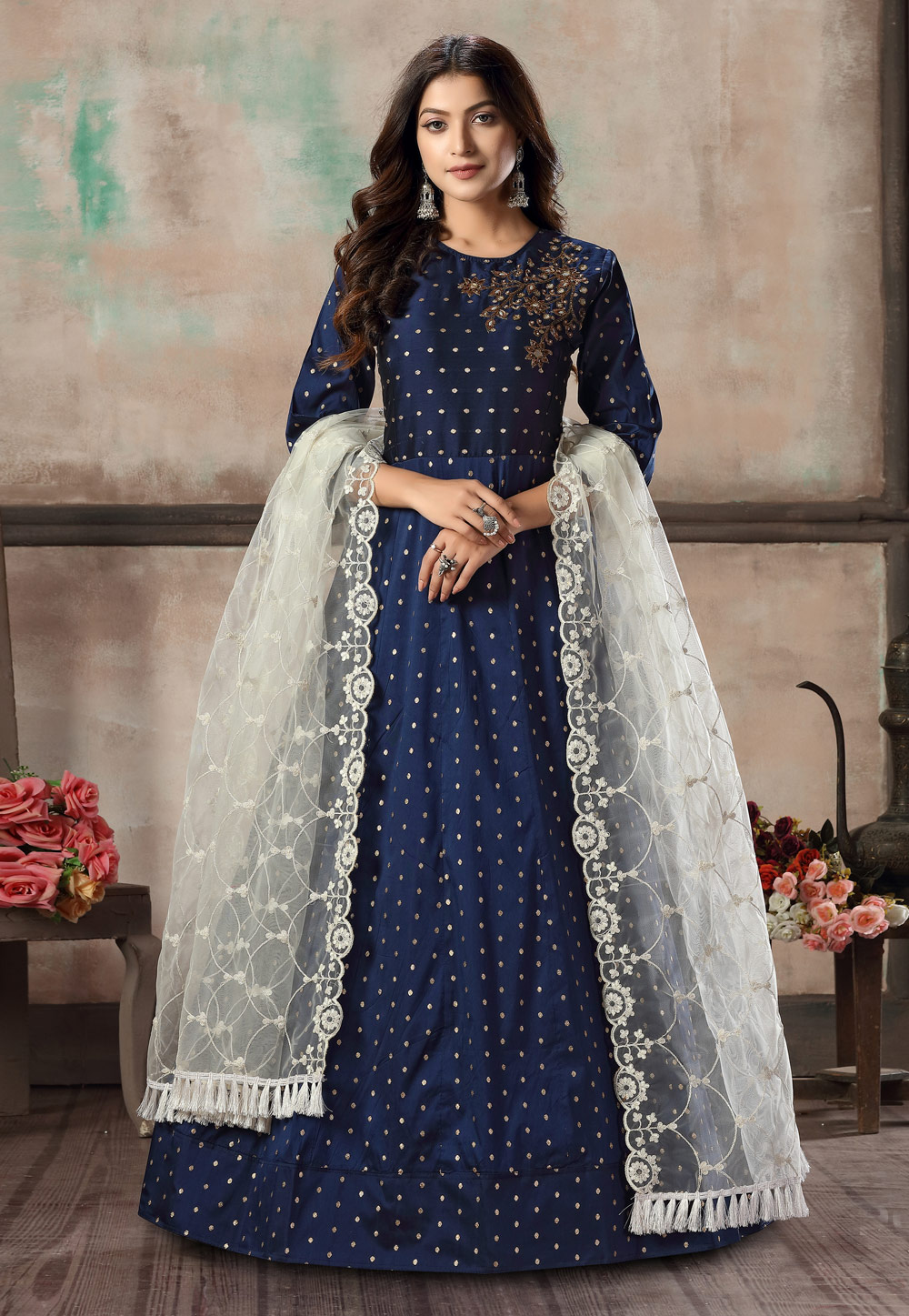Blue Taffeta Embroidered Readymade Long Anarkali Suit 211415