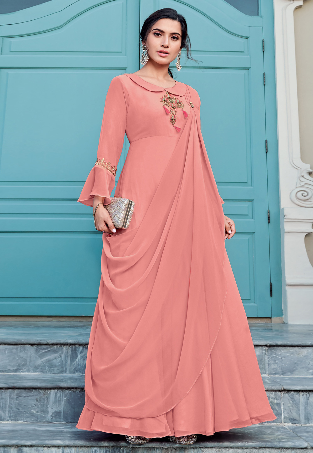 Peach Georgette Draped Readymade Gown 203287