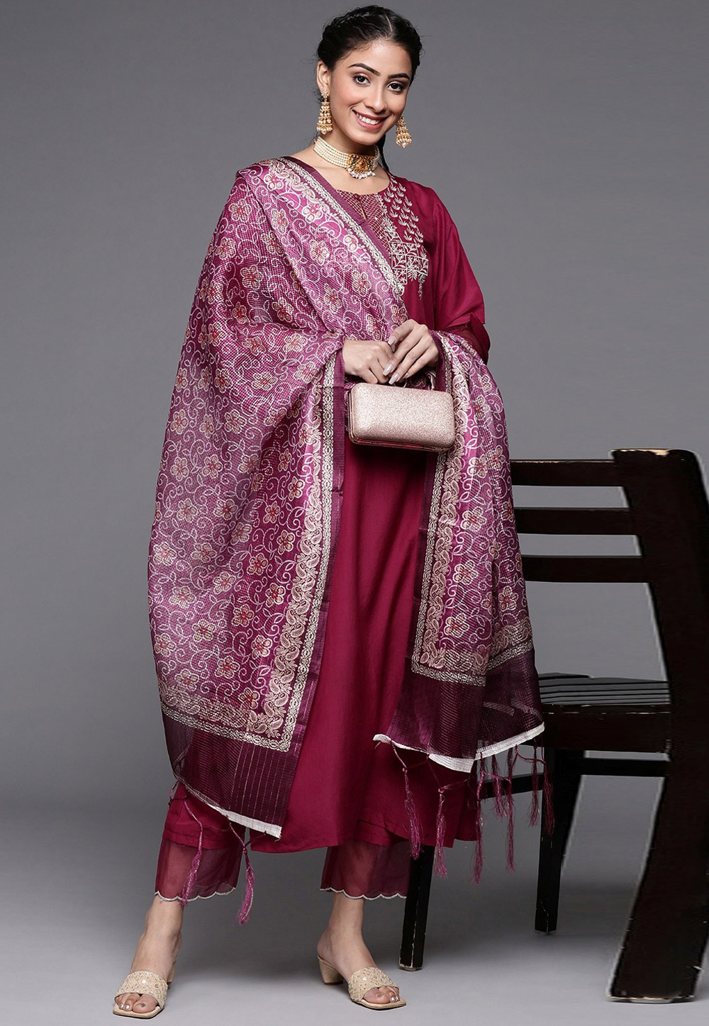 Magenta Silk Readymade Pakistani Suit 254316