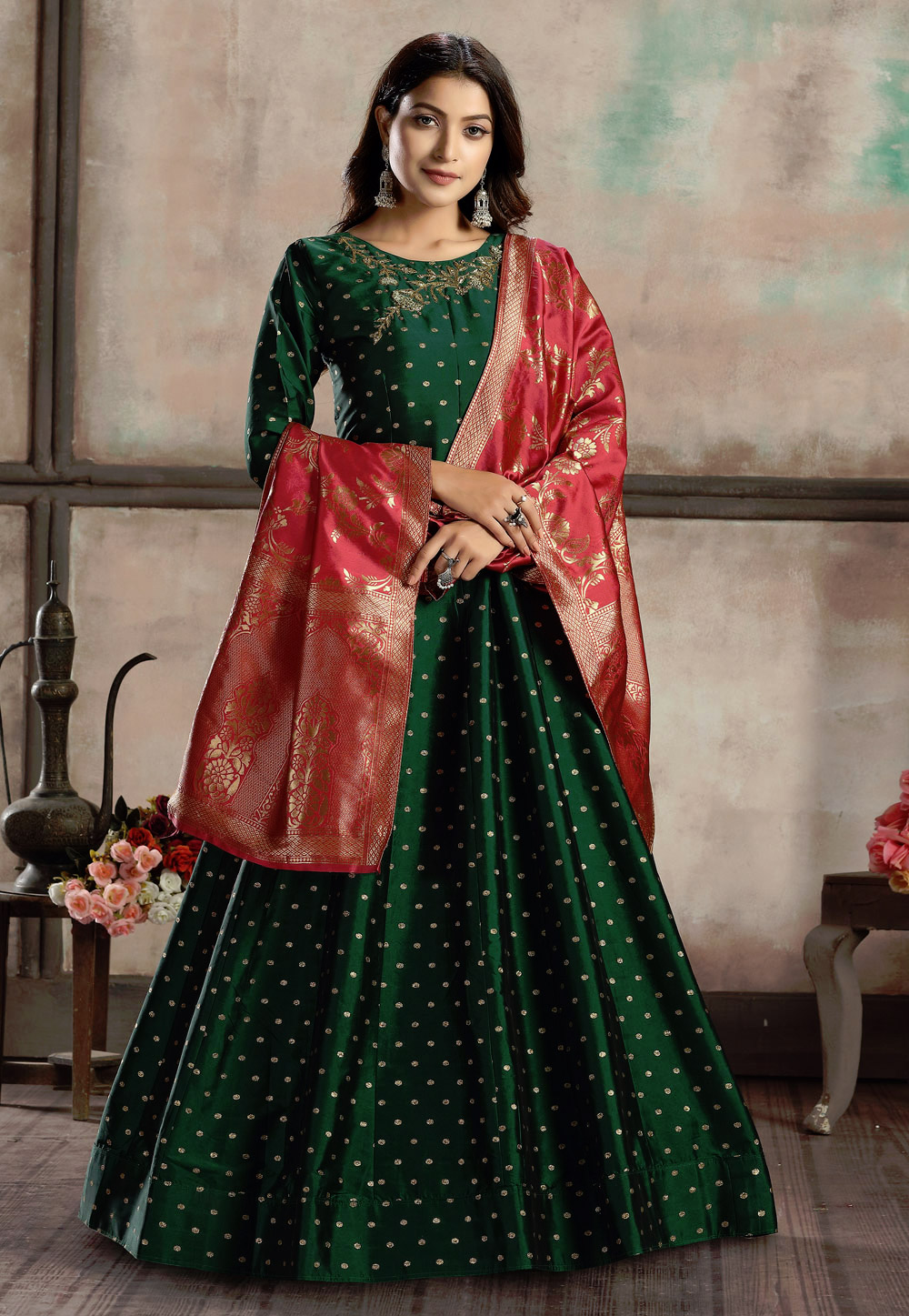 Green Taffeta Embroidered Readymade Abaya Style Anarkali Suit 211416
