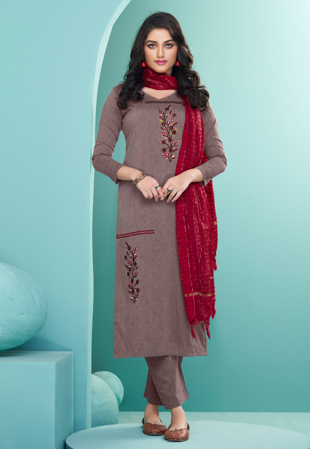 Brown Cotton Readymade Pant Style Suit 248641