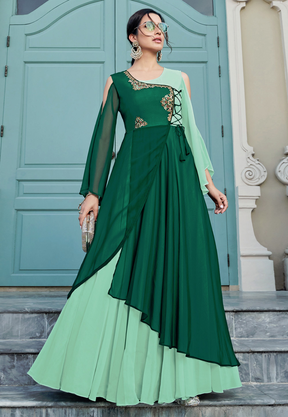 Green Georgette Readymade Party Wear Gown 203288
