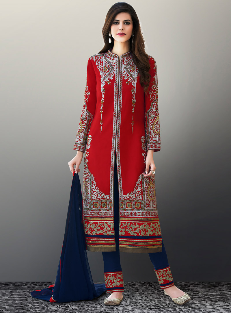 Red Silk Straight Cut Pant Style Suit 95413