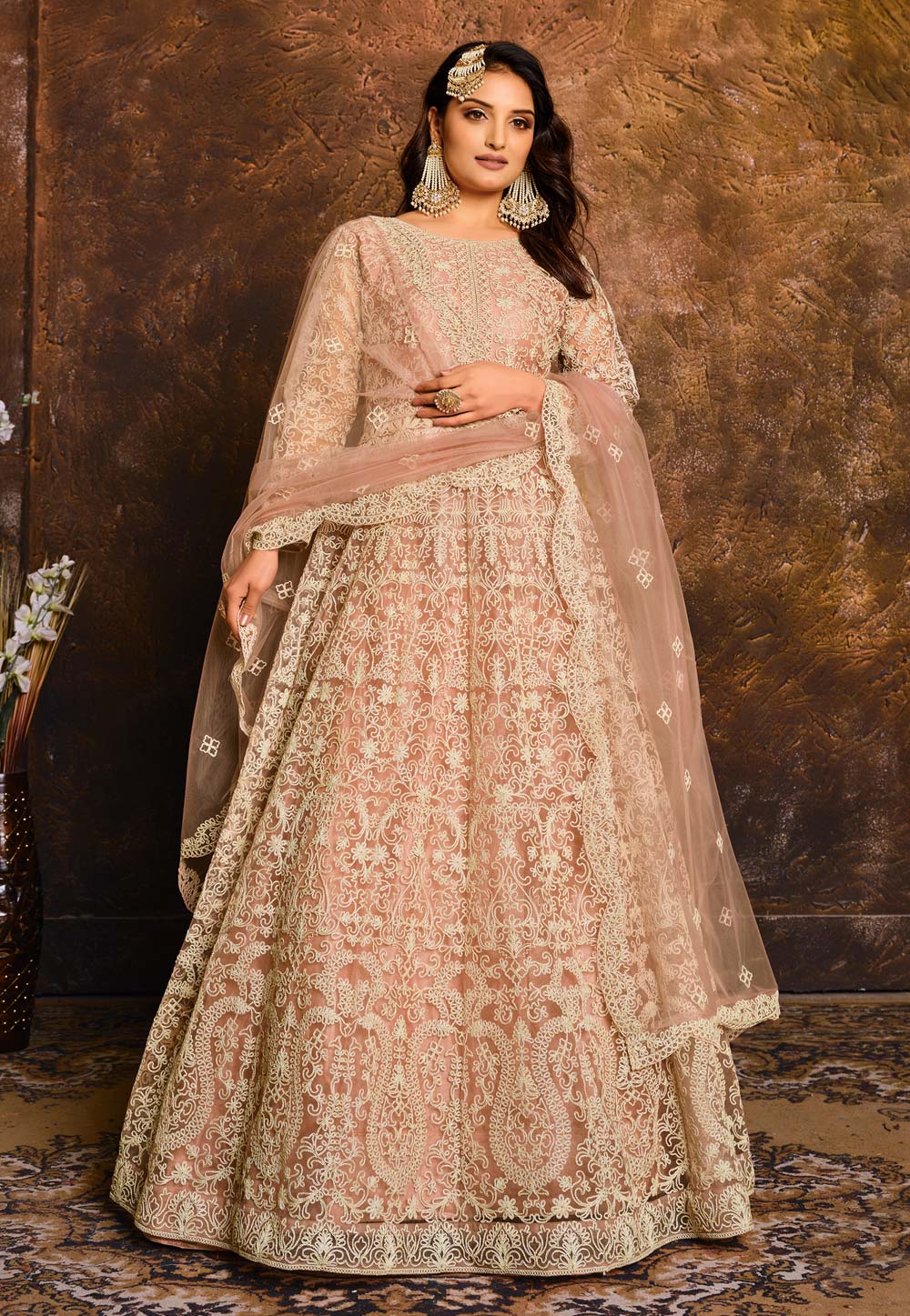 Peach Net Embroidered Abaya Style Anarkali Suit 220416