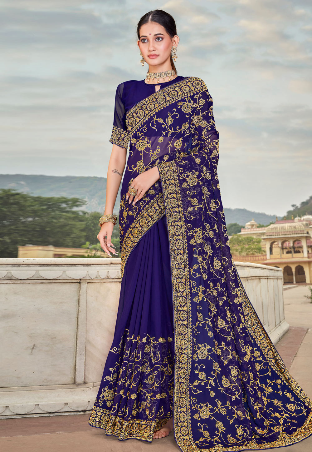 Blue Georgette Saree With Blouse 261509
