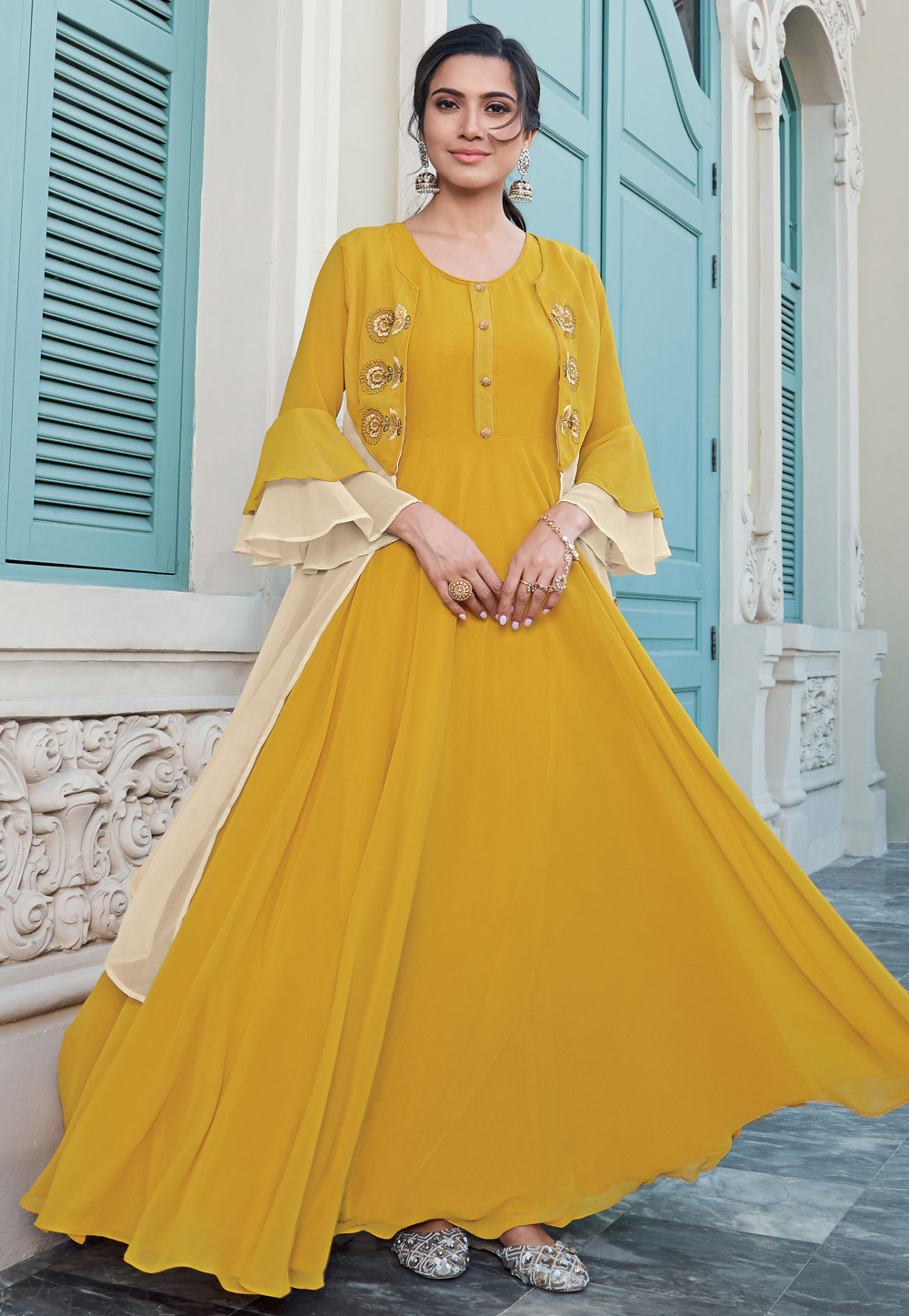 Mustard Georgette Readymade Gown 203289