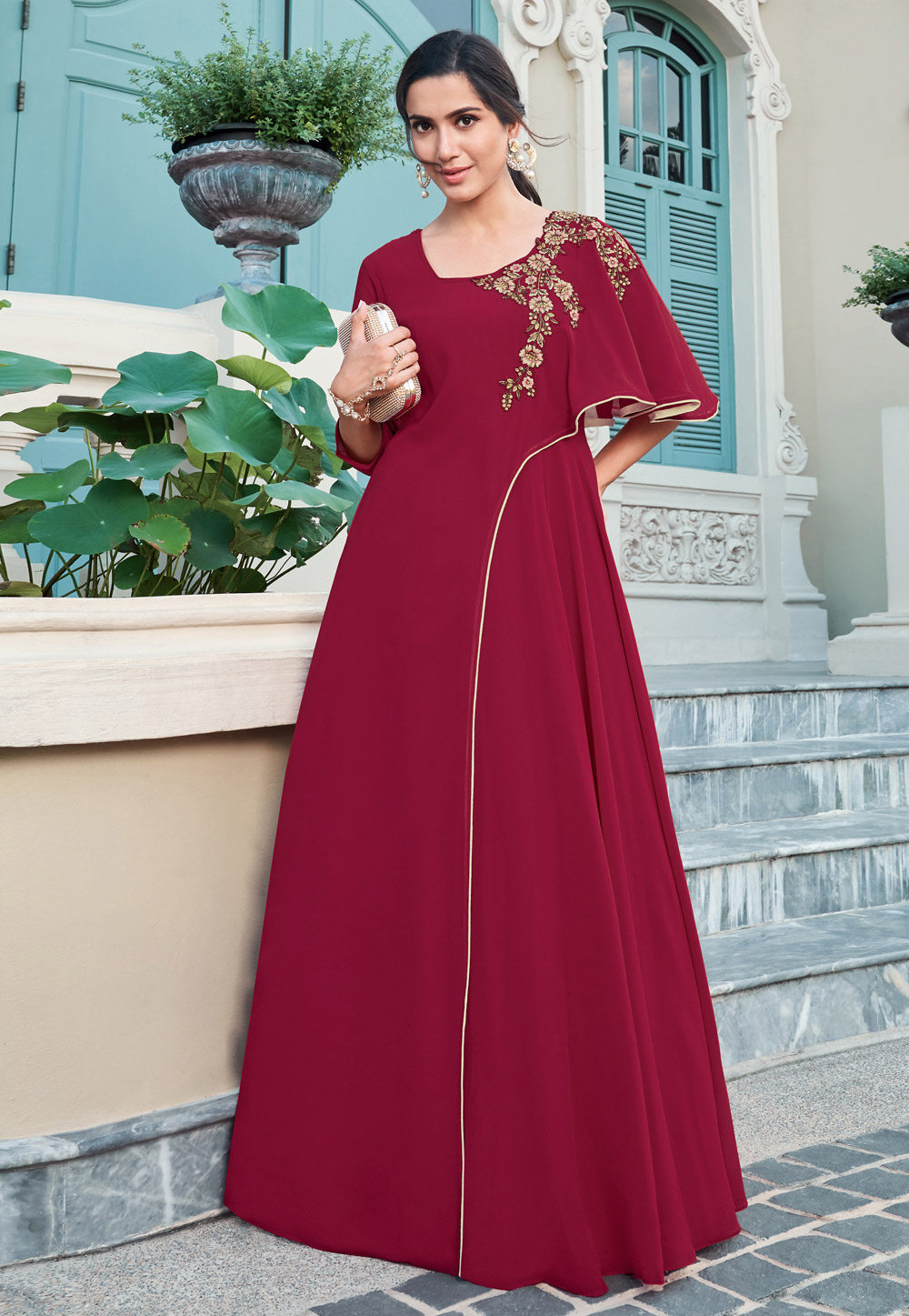 Maroon Georgette Readymade Designer Gown 203290