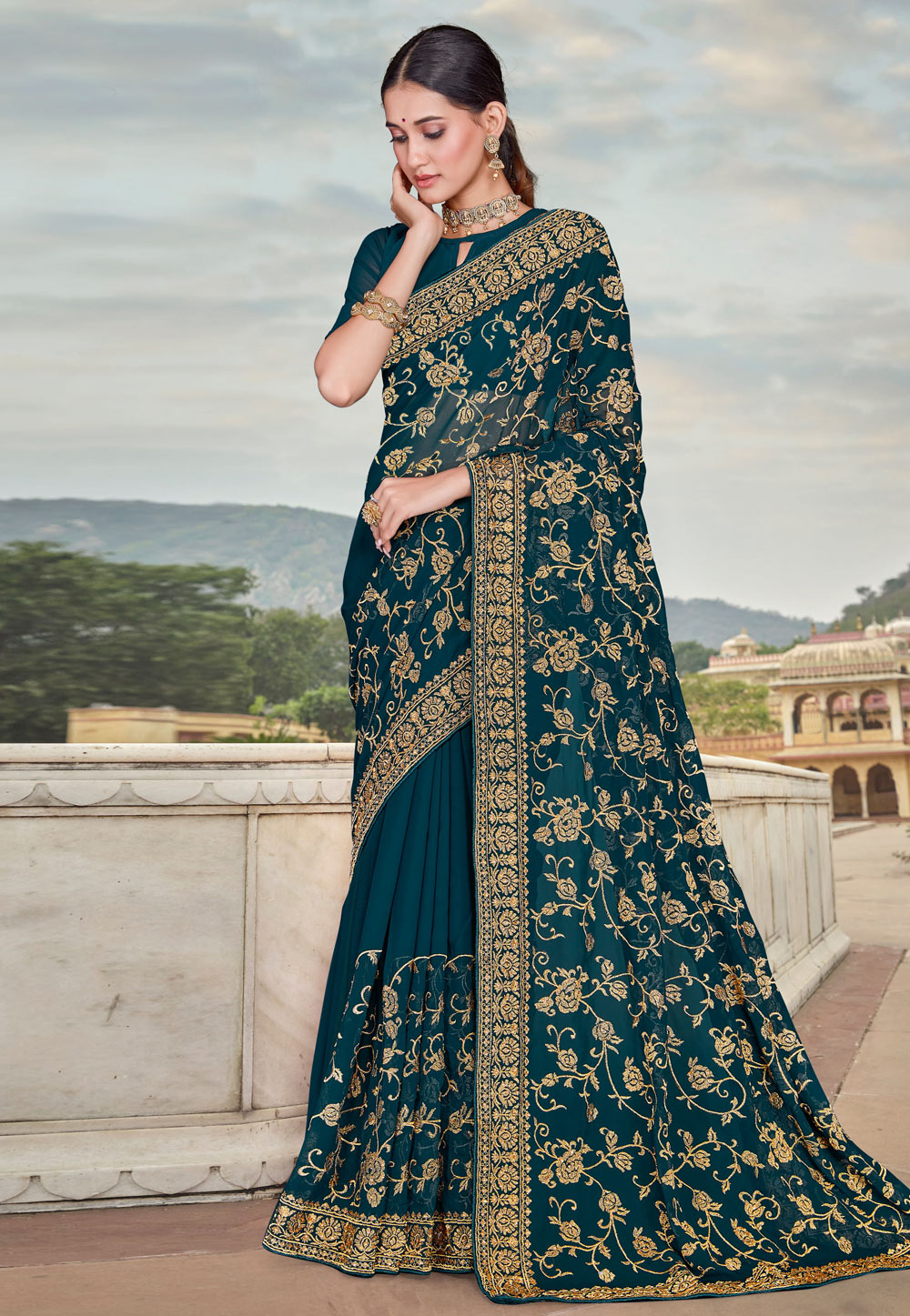 Teal Georgette Saree With Blouse 261511