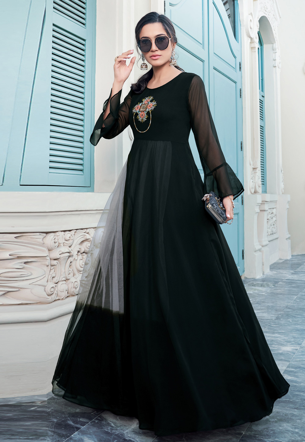 Black Georgette Readymade Gown 203291