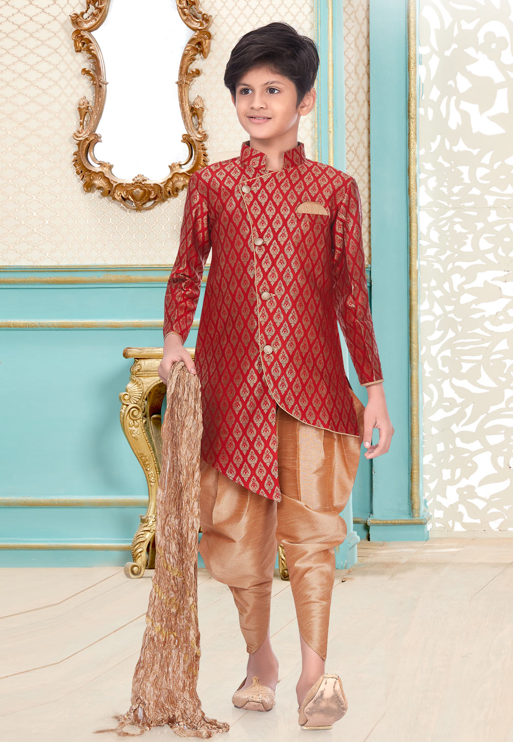 Red Banarasi Brocade Kids Indo Western Suit 216332