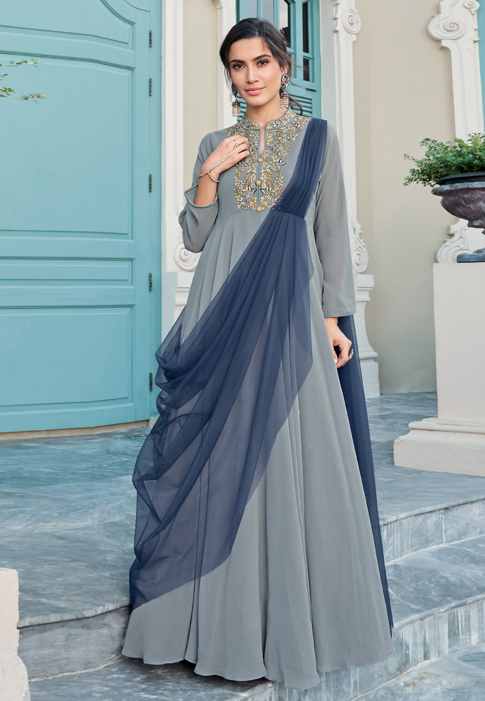 Grey Georgette Readymade Gown 203292