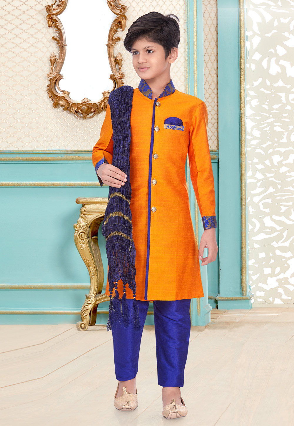 Orange Cotton Linen Kids Indo Western Suit 216333
