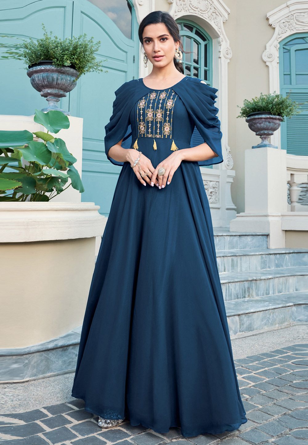 Navy Blue Georgette Readymade Designer Gown 203293