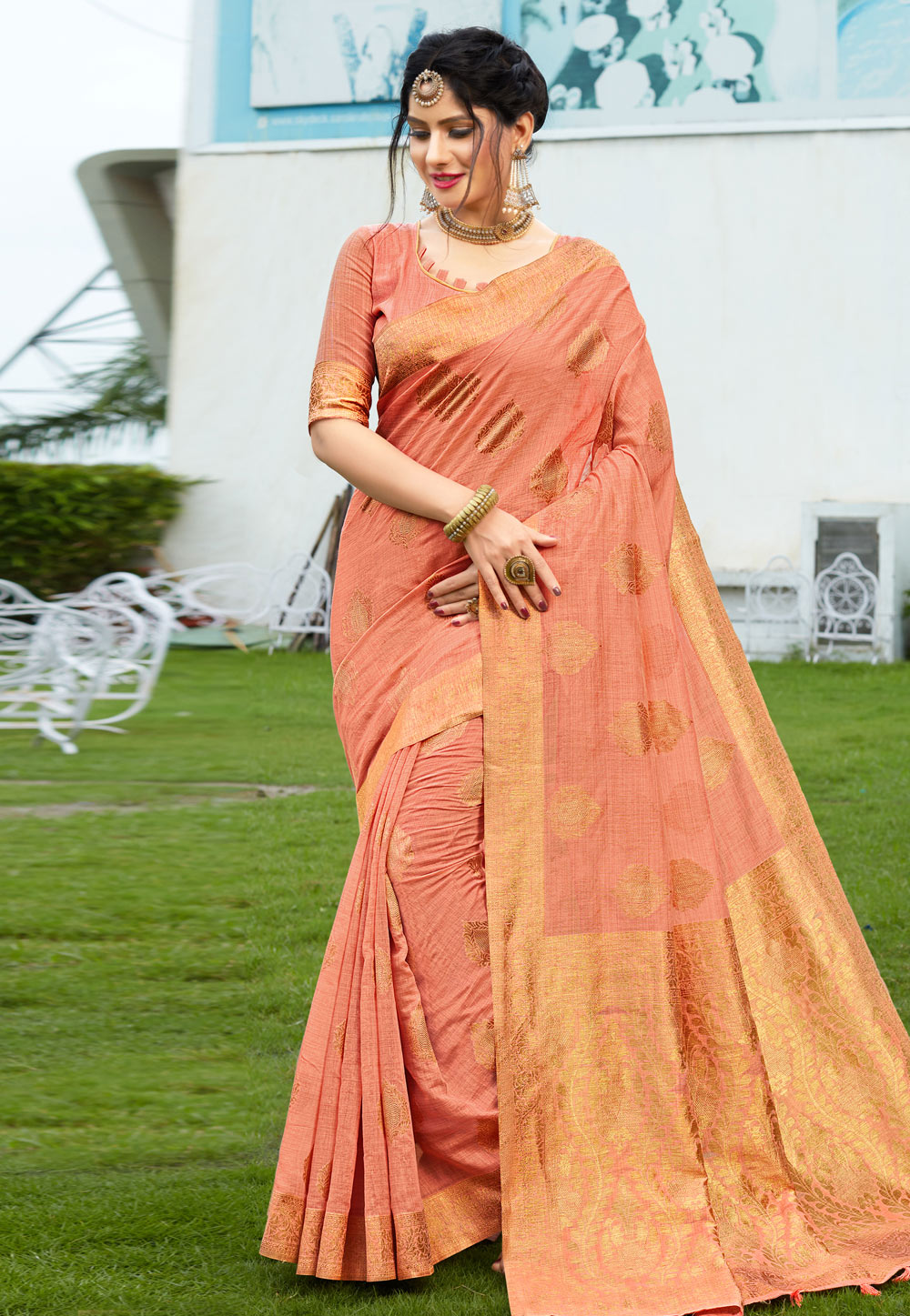Peach Banarasi Saree With Blouse 207830