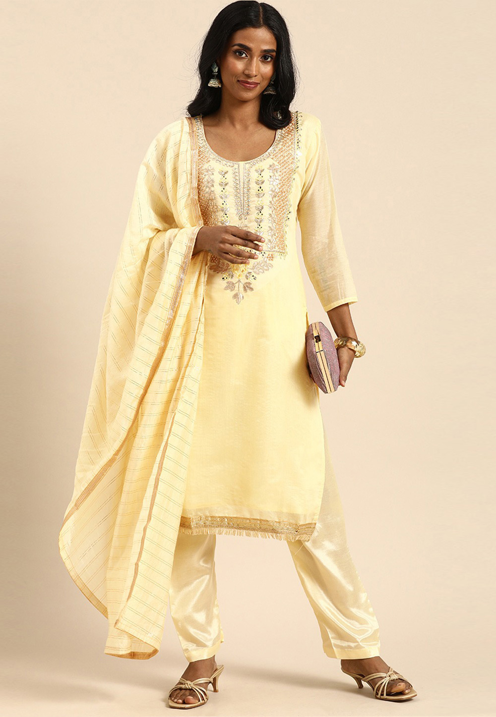 Yellow Silk  Pant Style Suit 255171