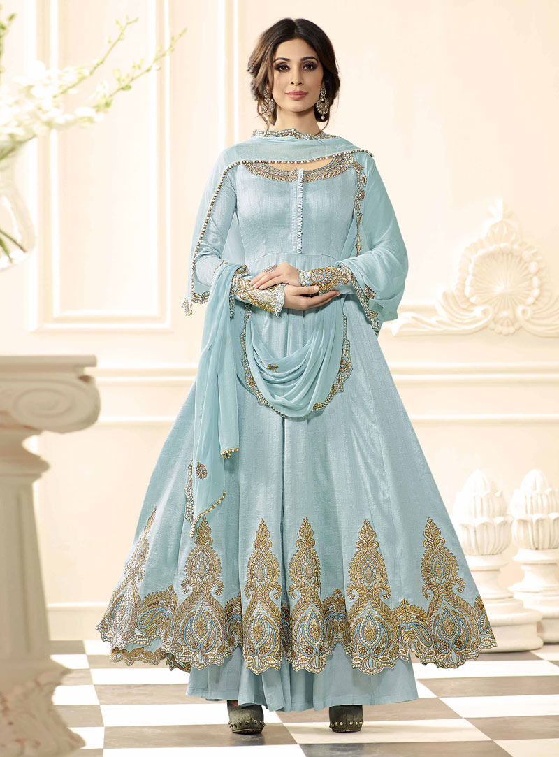 Sky Blue Raw Silk Pakistani Style Suit 91151