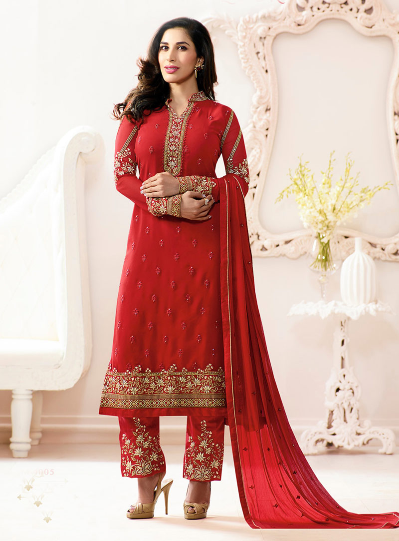 Sophie Choudry Red Georgette Pant Style Suit 91138