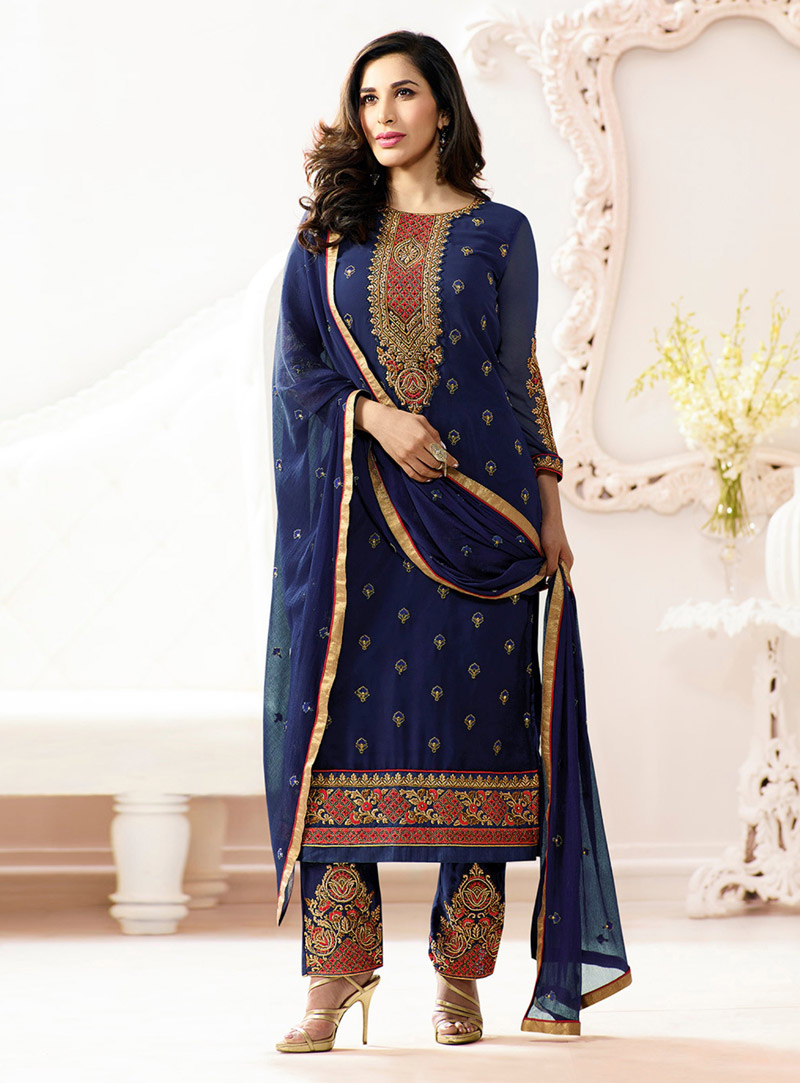 Sophie Choudry Navy Blue Georgette Straight Cut Pant Style Suit 91140