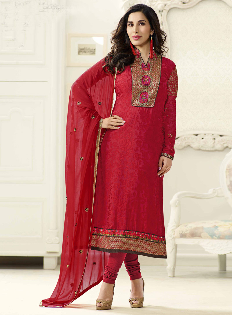 Sophie Choudry Red Brasso Churidar Salwar Suit 91146