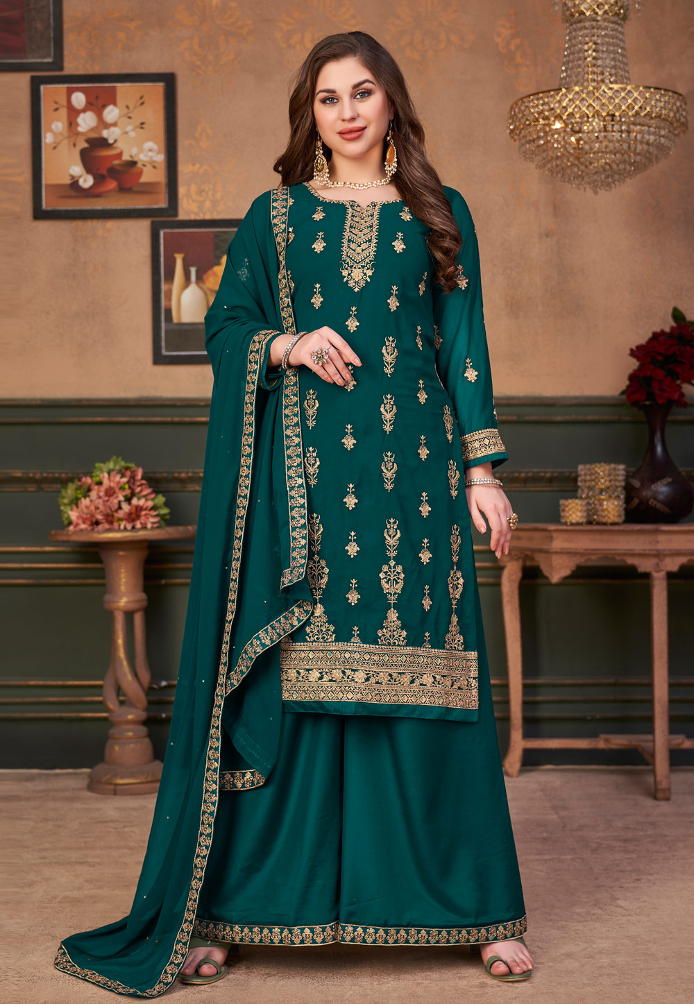 Teal Faux Georgette Kameez With Palazzo 241634