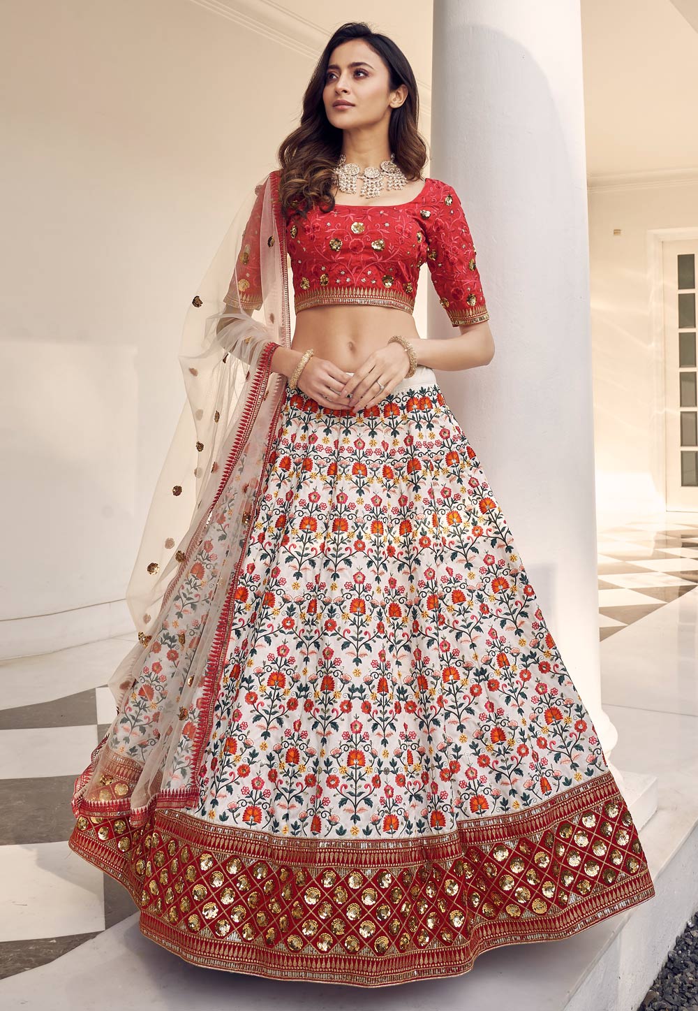 Buy Off White Lehenga And Blouse Cotton Diamond Pattern Embellished Set For  Women by PREEVIN Online at Aza Fashions.