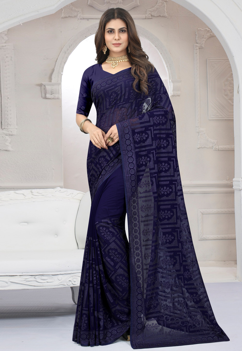 Navy Blue Georgette Saree With Blouse 261975