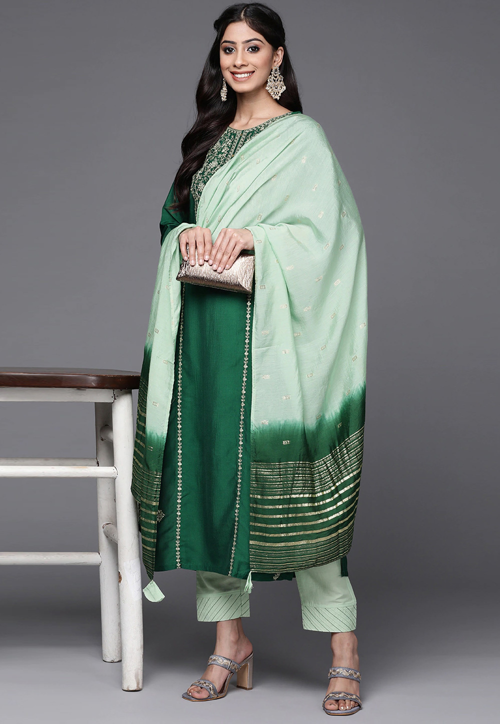 Green Cotton Readymade Pant Style Suit 255893