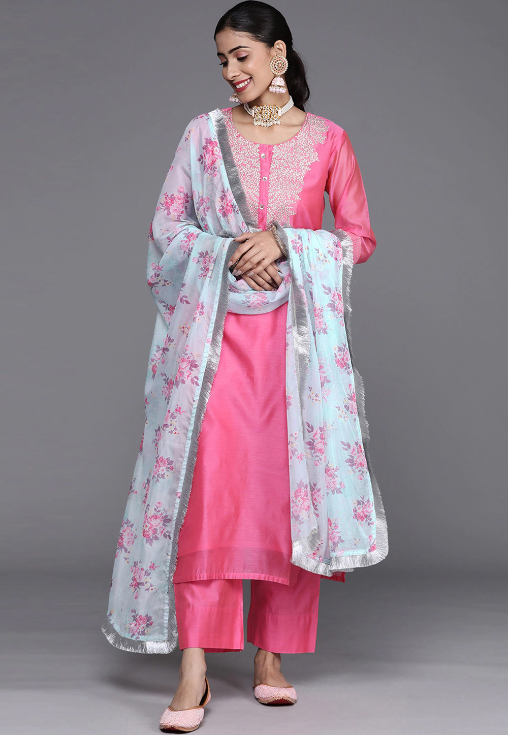 Pink Chanderi Silk Readymade Pant Style Suit 255895