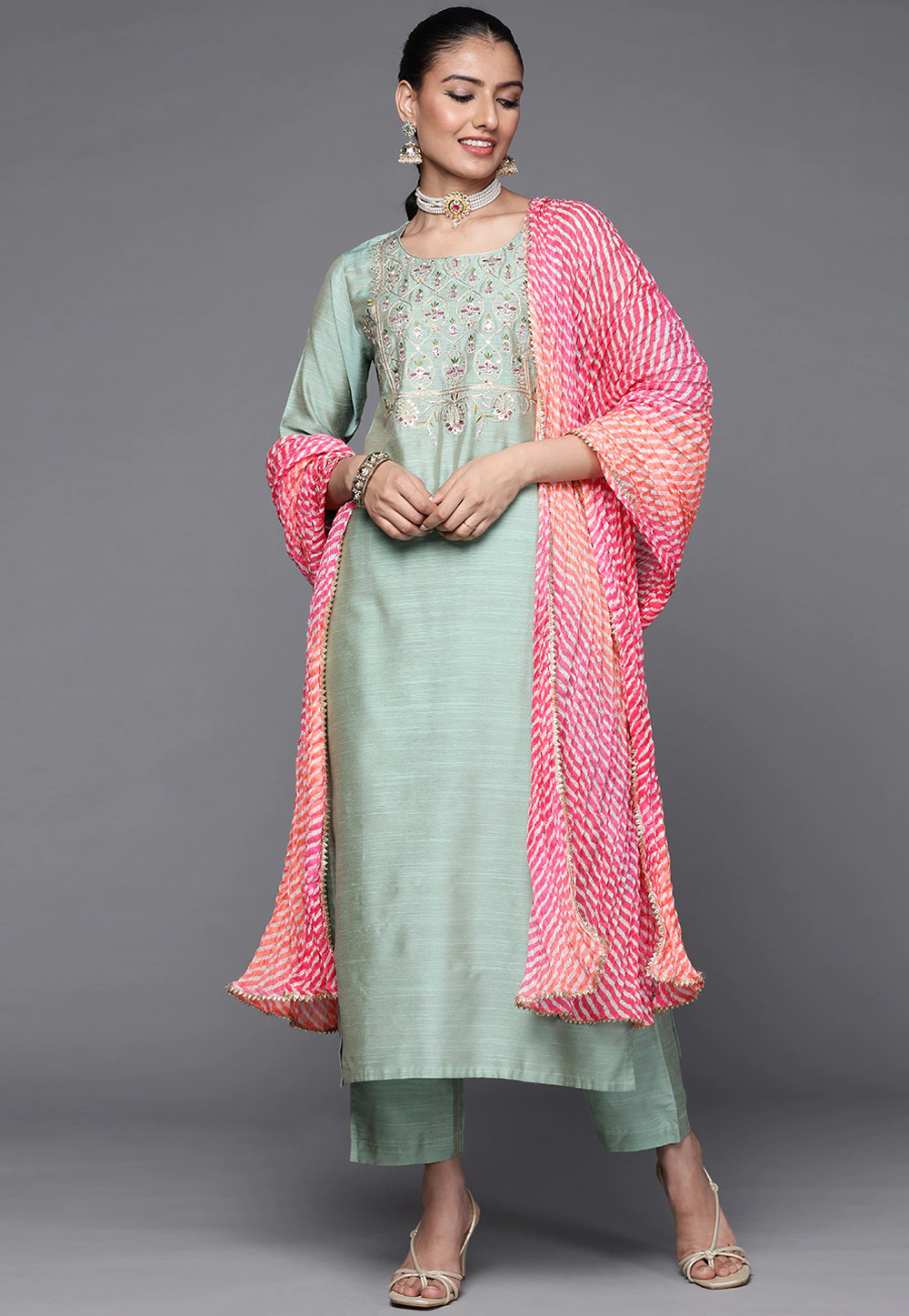 Sea Green Silk Readymade Pant Style Suit 255896
