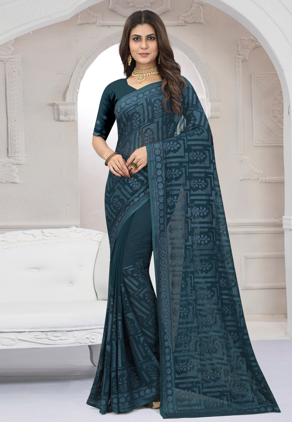 Teal Georgette Saree With Blouse 261976