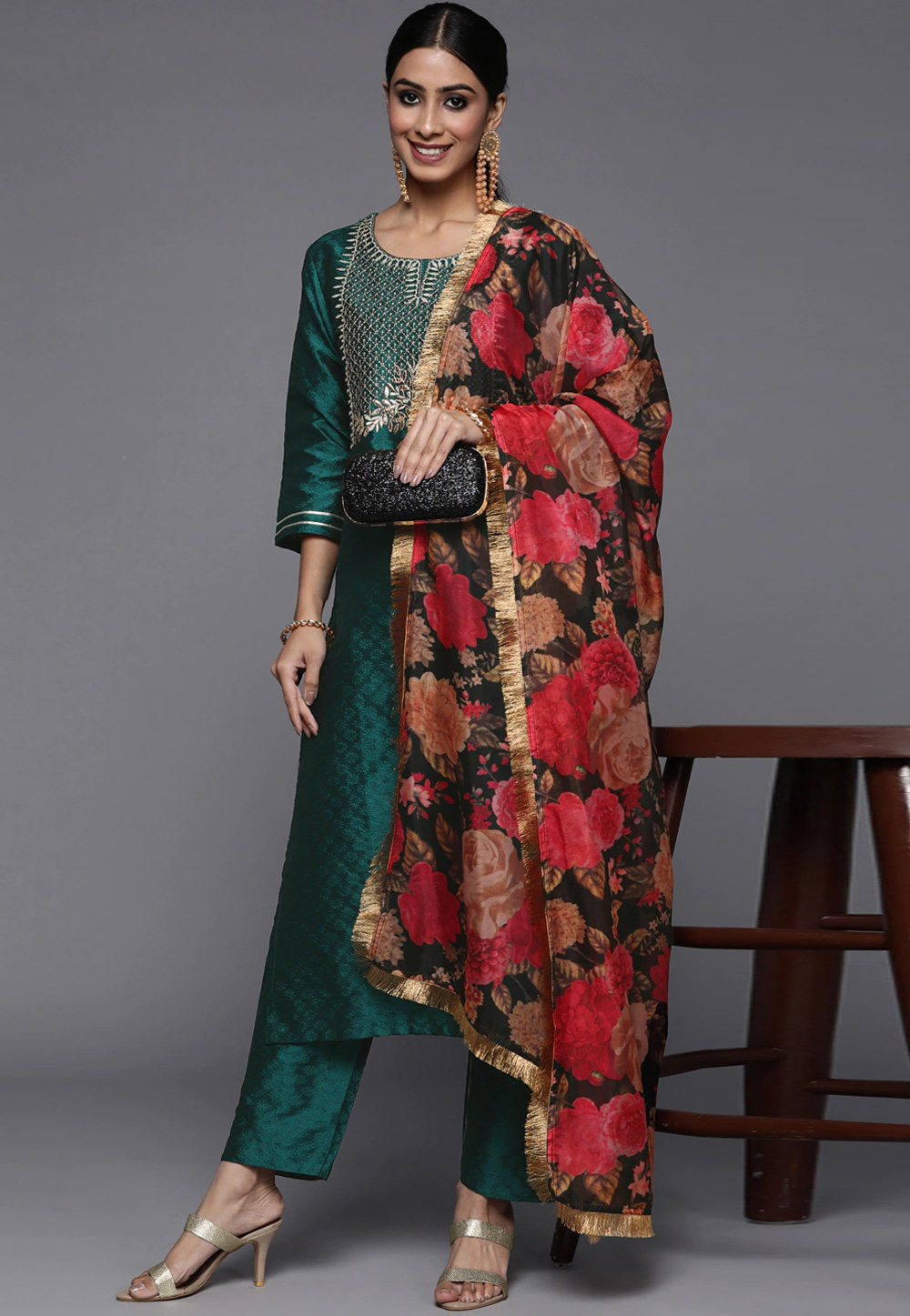 Green Silk Readymade Pant Style Suit 255901