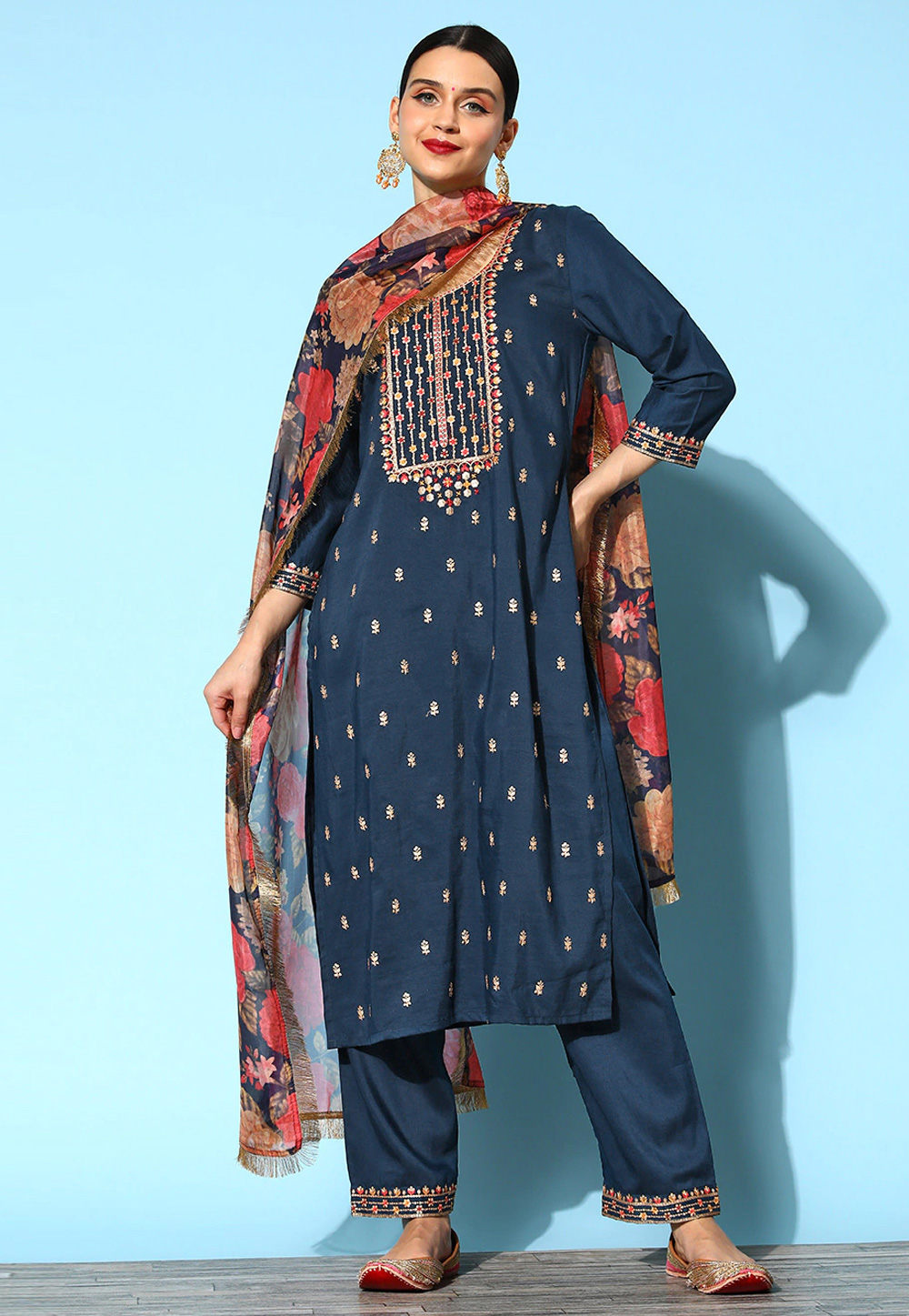 Navy Blue Silk Readymade Pant Style Suit 255902