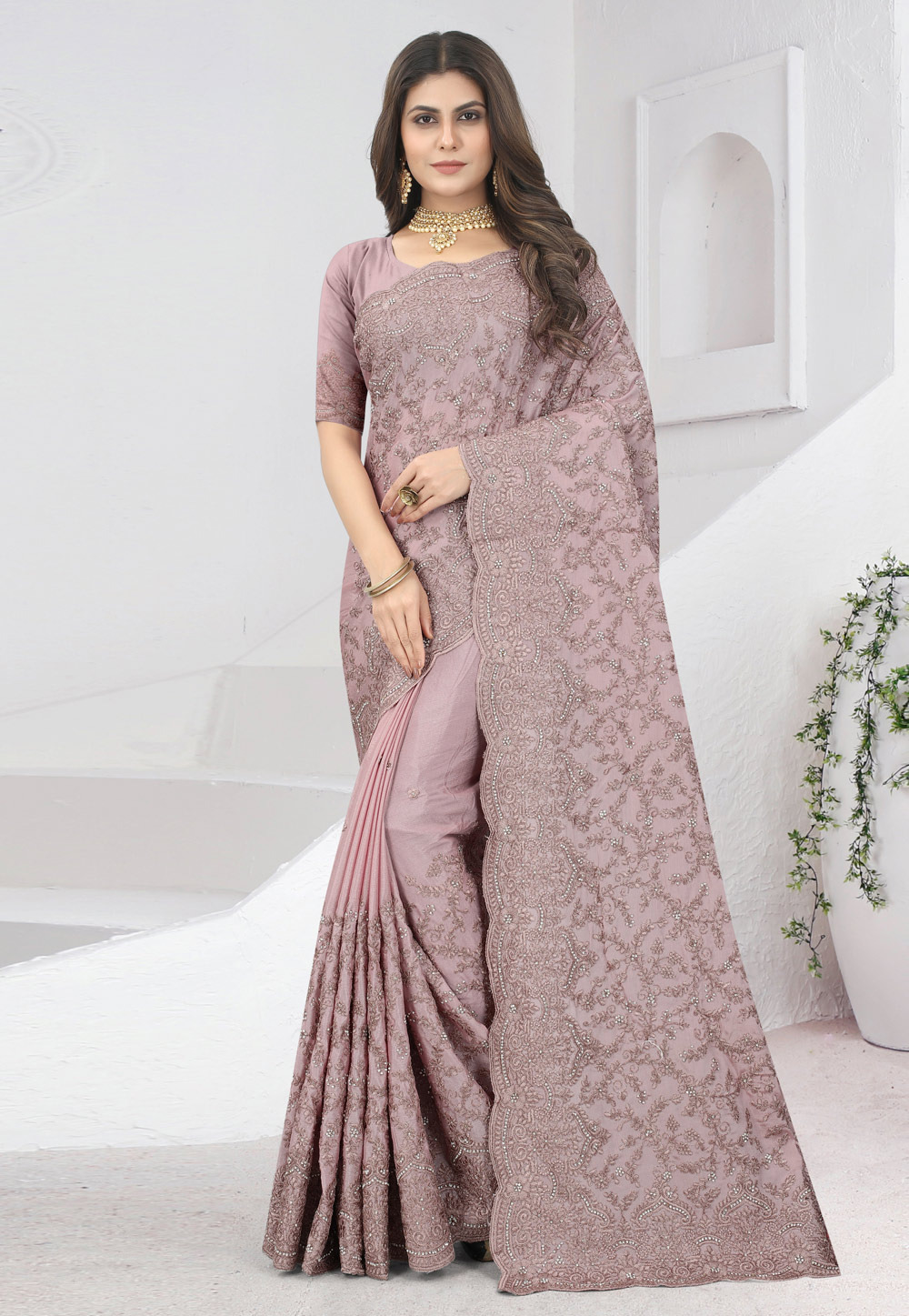 Light Pink Chinon Saree With Blouse 261977