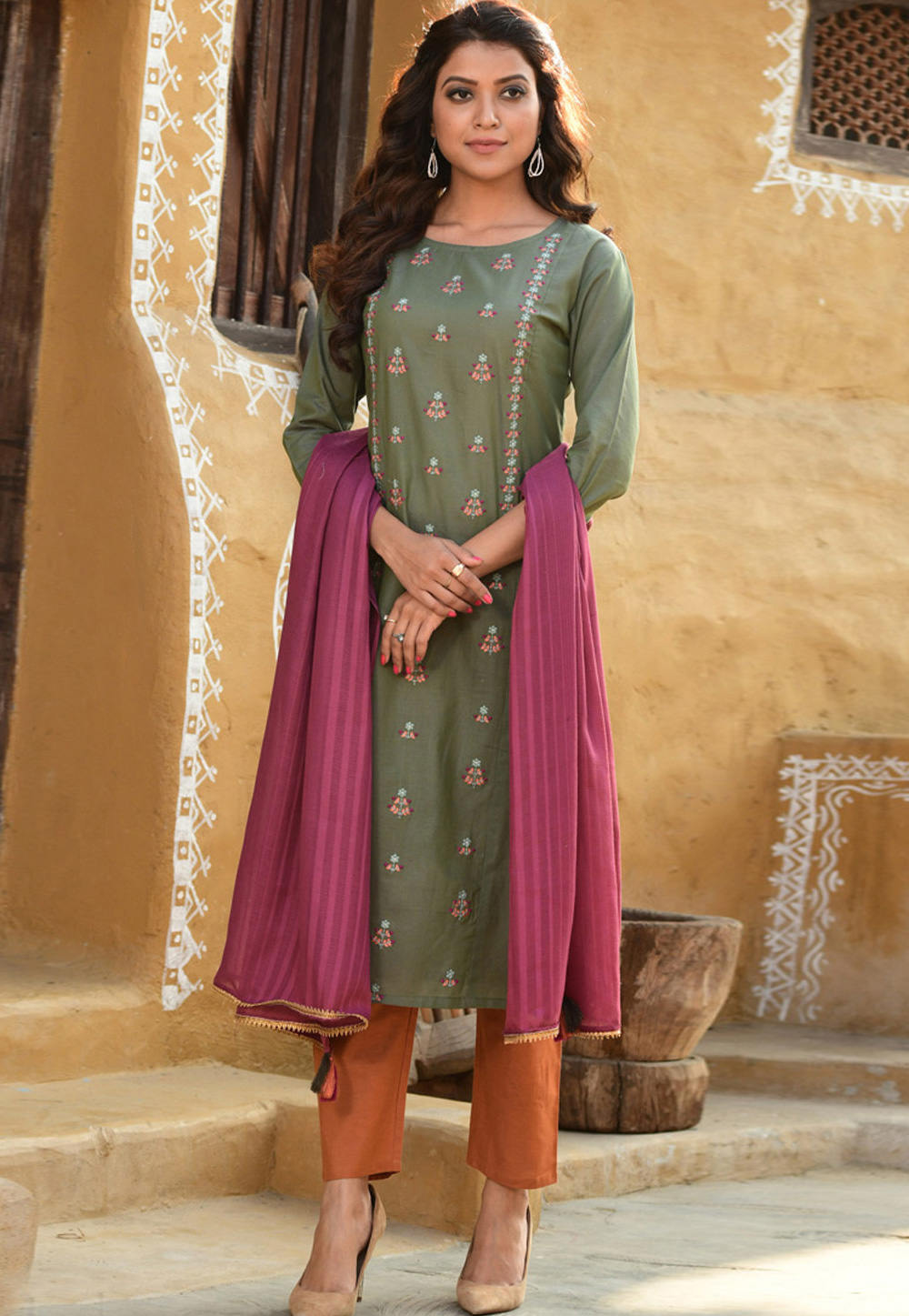 Green Cotton Readymade Kameez With Pant 225162