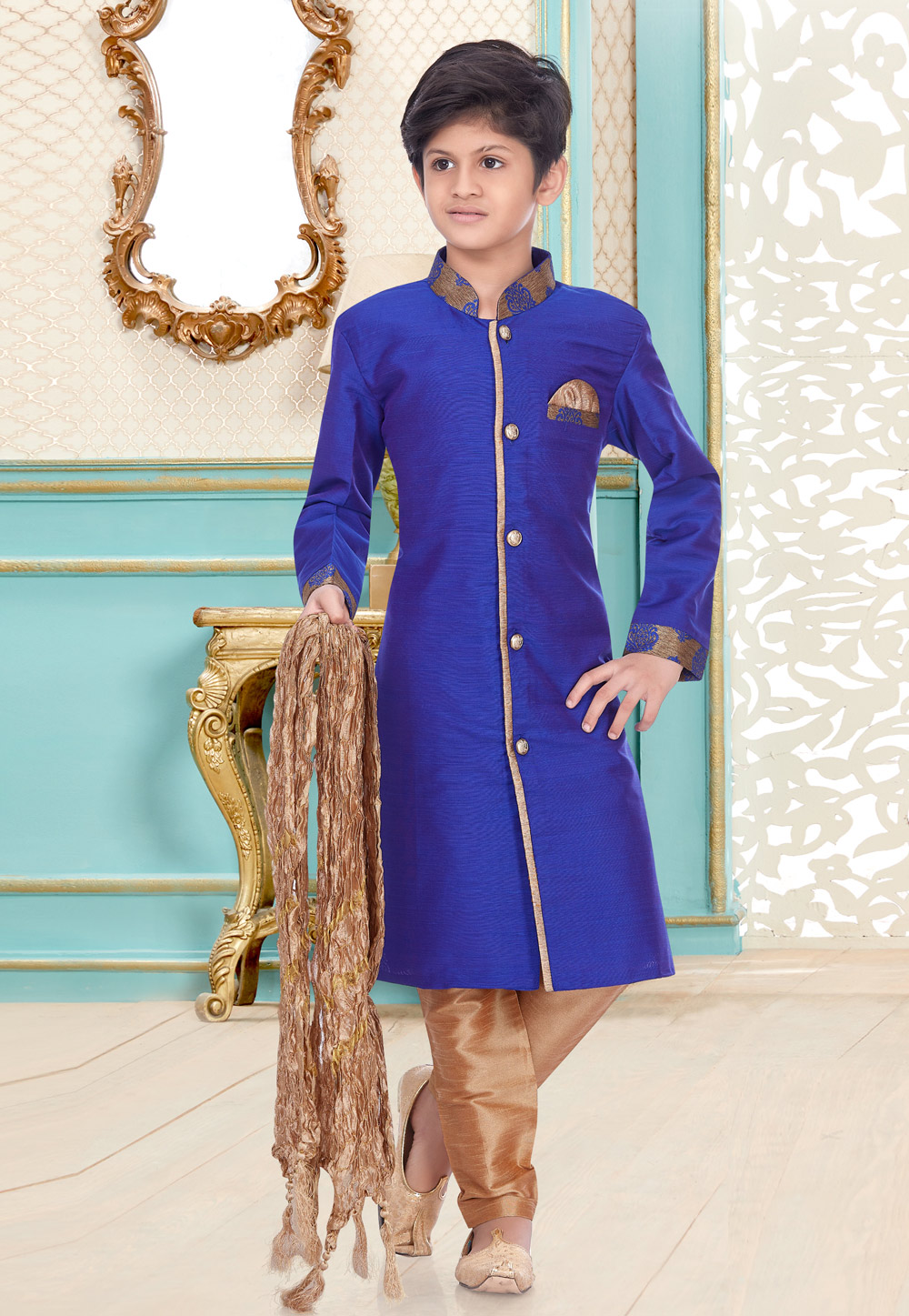 Blue Cotton Linen Kids Indo Western Suit 216343