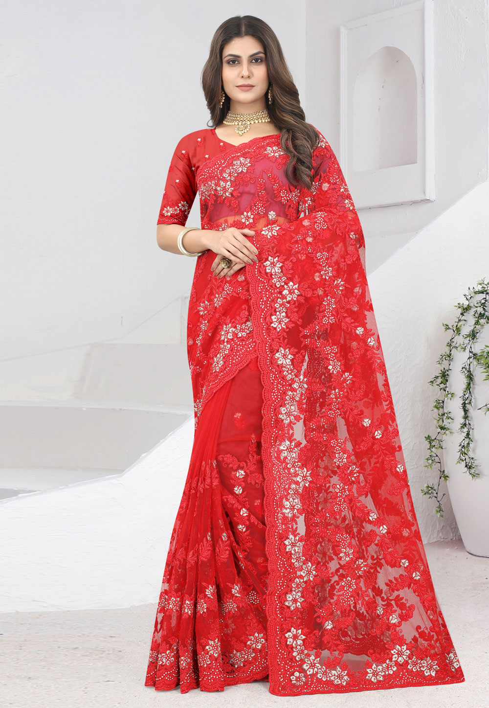 Red Net Saree With Blouse 261979