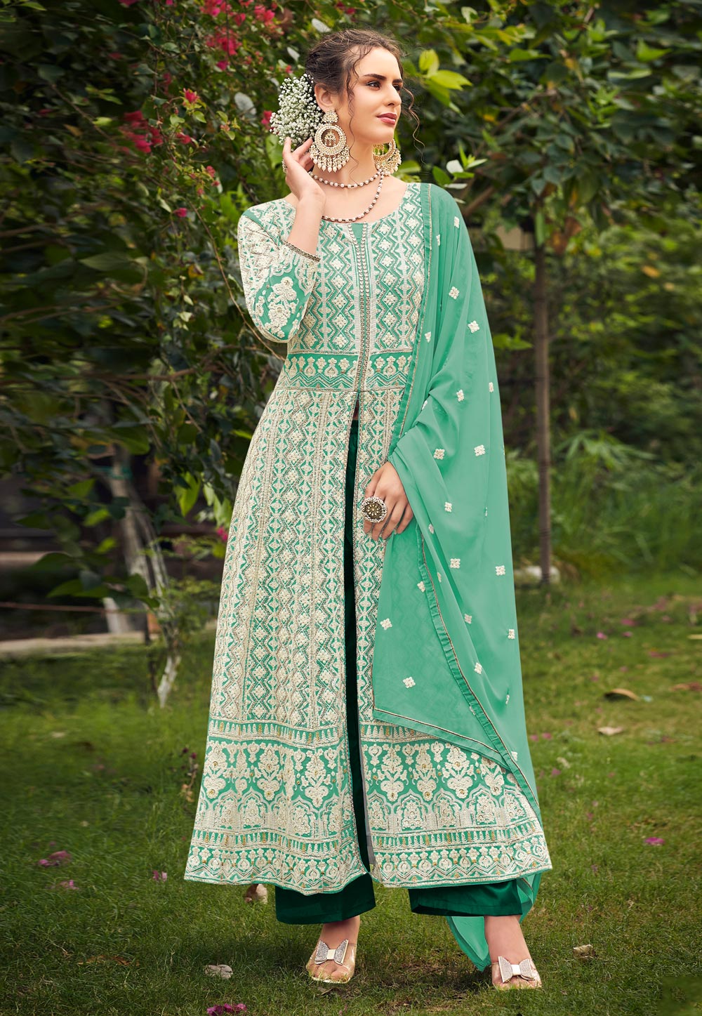 Light Green Faux Georgette Embroidered Palazzo Suit 261655