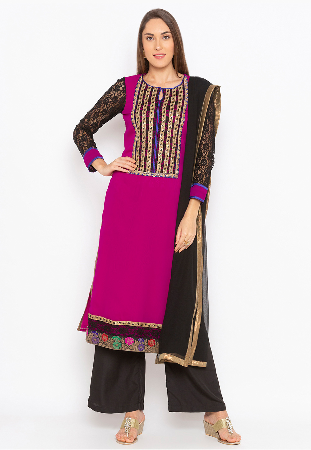 Magenta Georgette Readymade Palazzo Suit 223461
