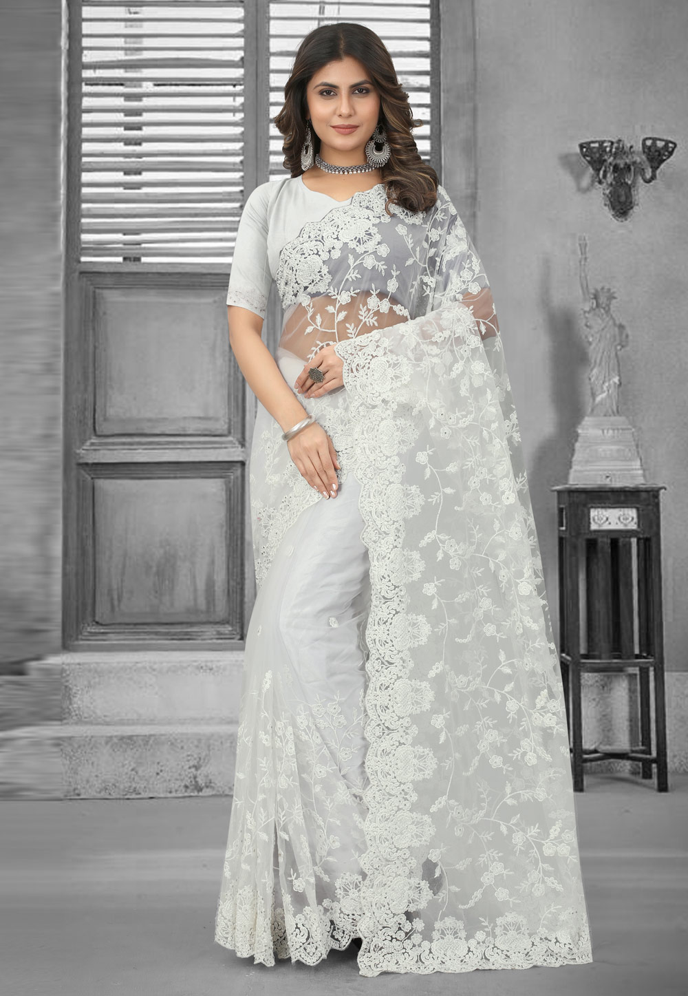 Off White Net Saree With Blouse 265619