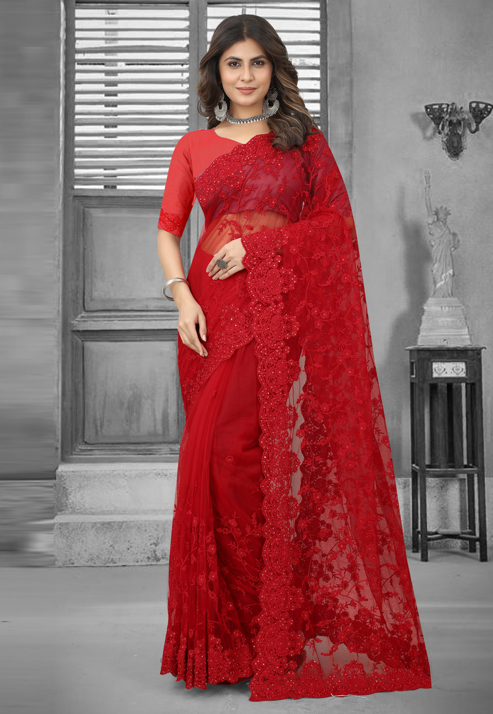 Red Net Saree With Blouse 265621