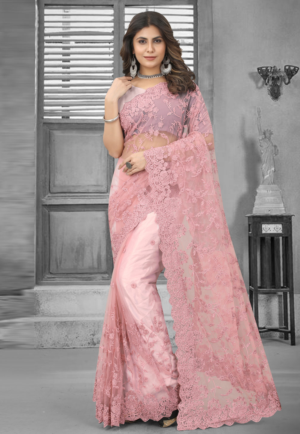 Light Pink Net Saree With Blouse 265622