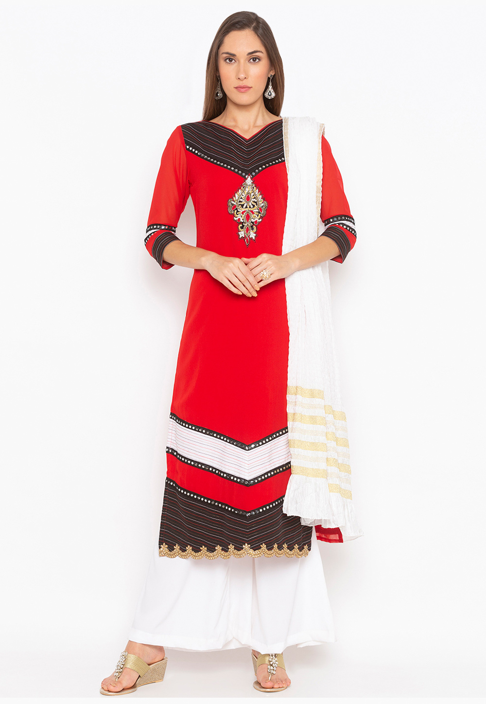 Red Georgette Readymade Palazzo Suit 223465