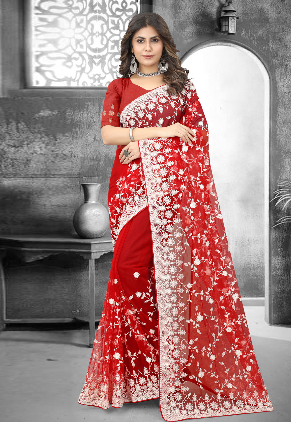 Red Net Saree With Blouse 265834