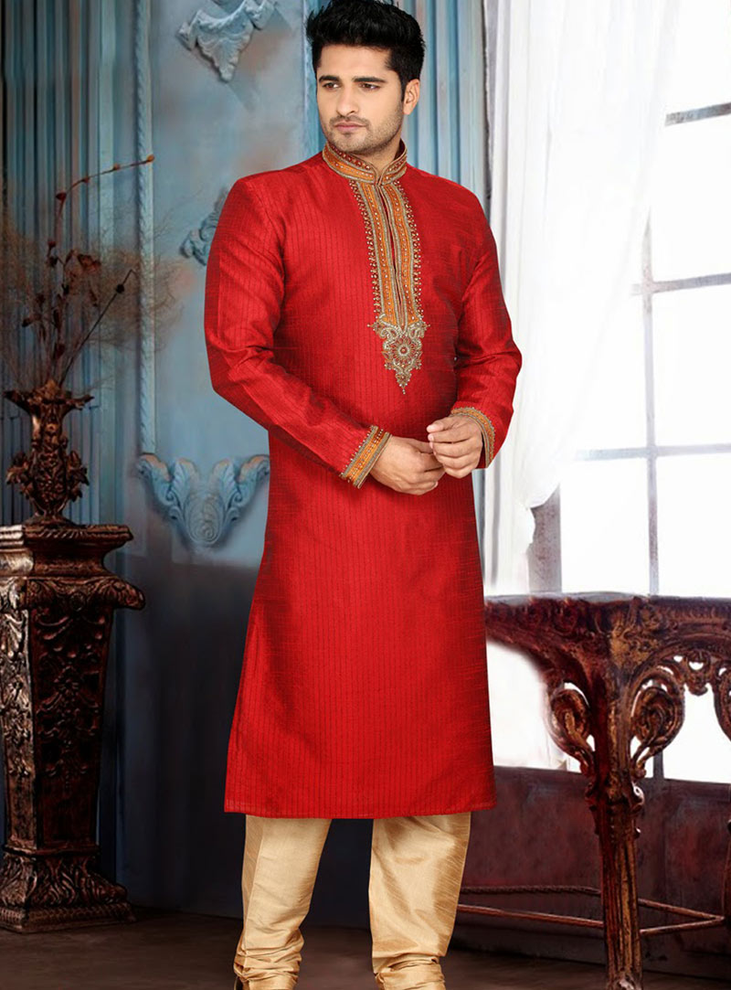 Red Art Silk Kurta With Churidar 47864