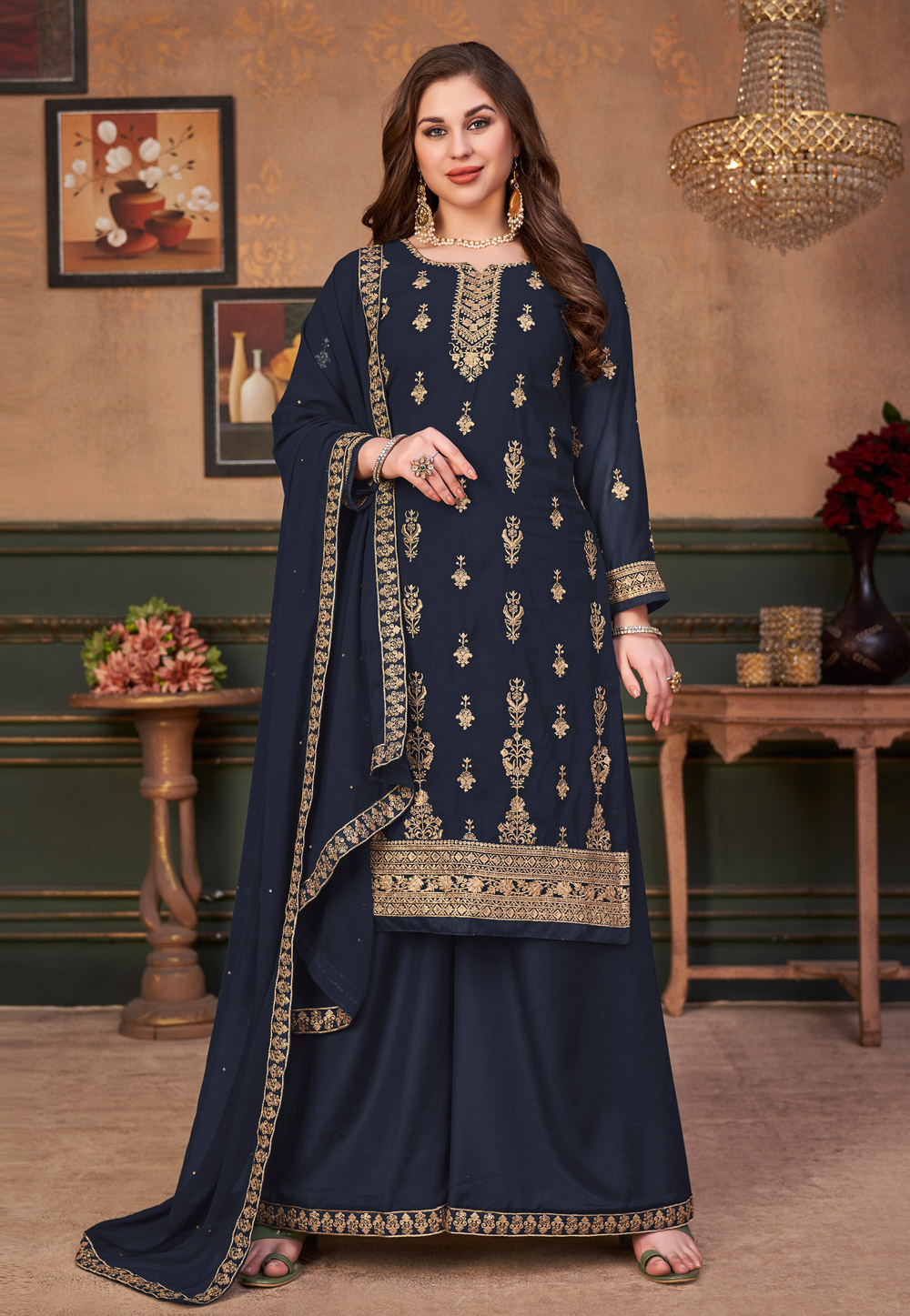 Navy Blue Faux Georgette Kameez With Palazzo 241636
