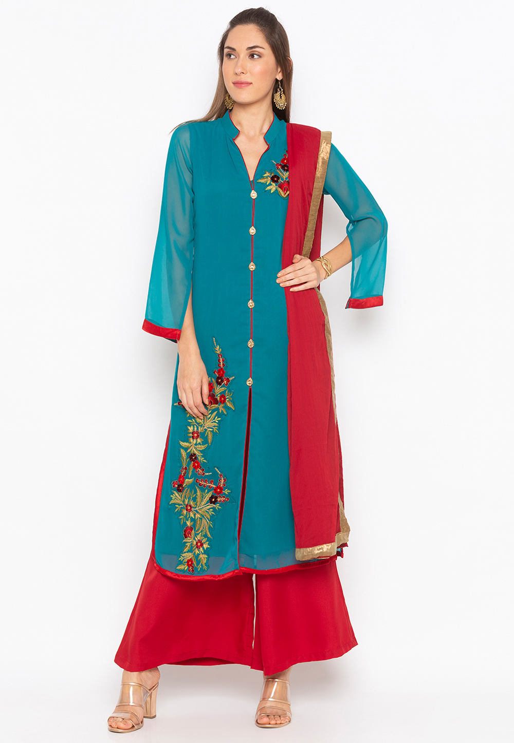 Turquoise Georgette Readymade Palazzo Suit 239405
