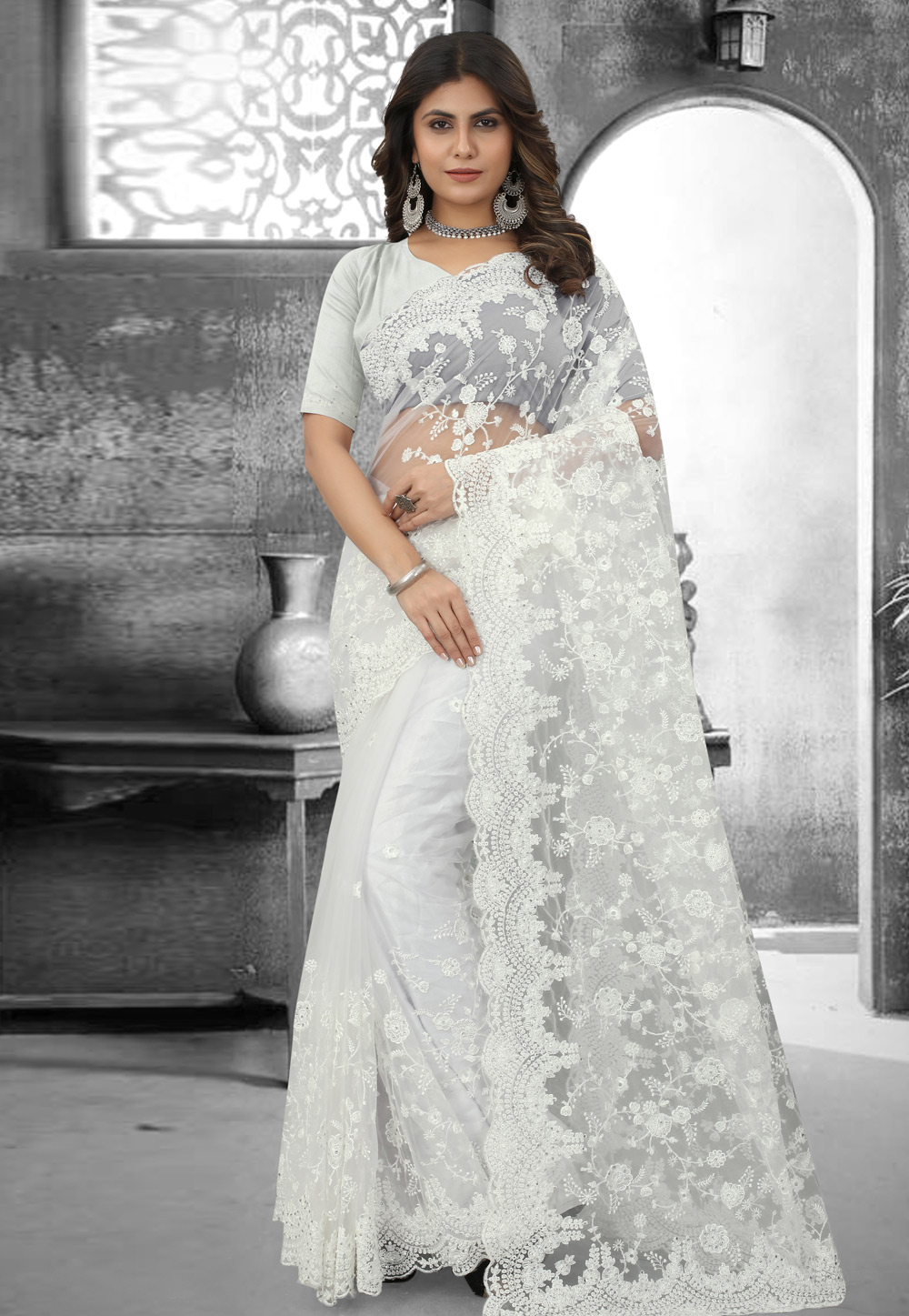 Off White Net Saree With Blouse 265836