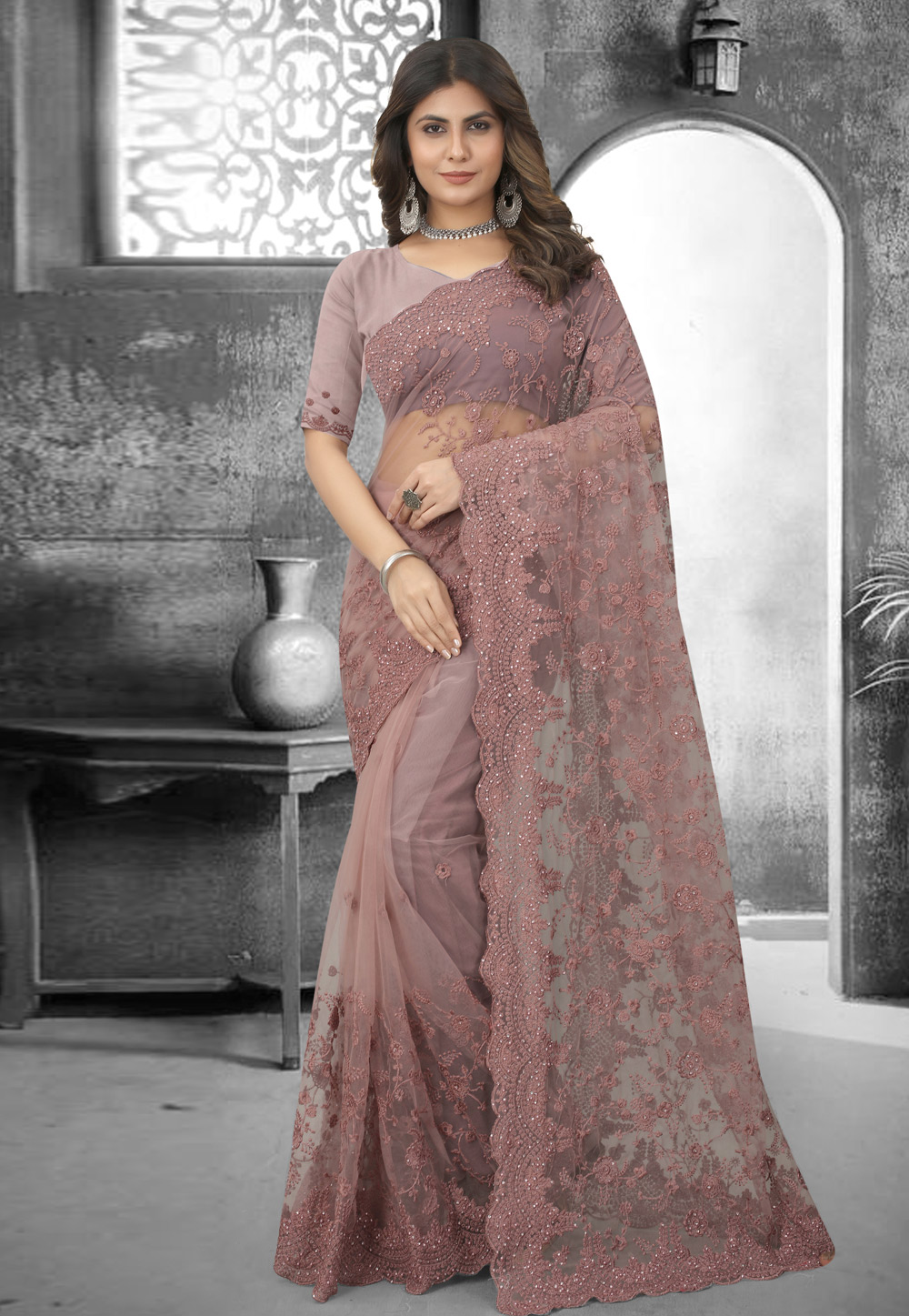 Pink Net Saree With Blouse 265837