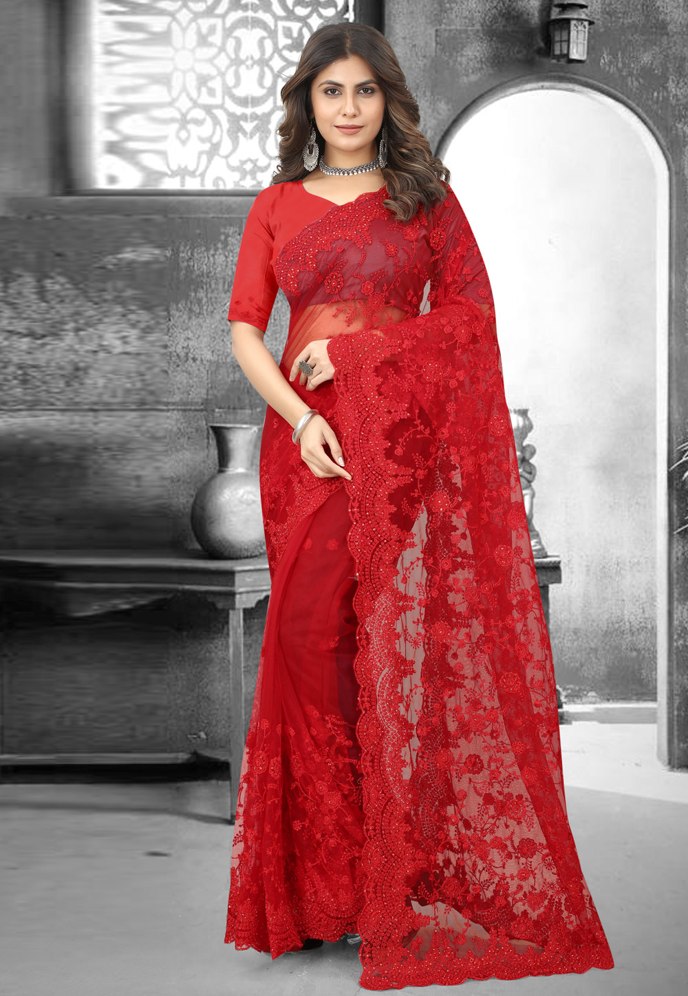 Red Net Saree With Blouse 265838